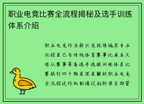 职业电竞比赛全流程揭秘及选手训练体系介绍